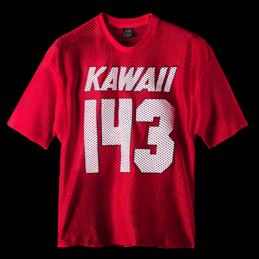 Front view of Class Trip Club Kawaii Jersey in cherry bomb — vintage-inspired oversized football jersey made from breathable open mesh.