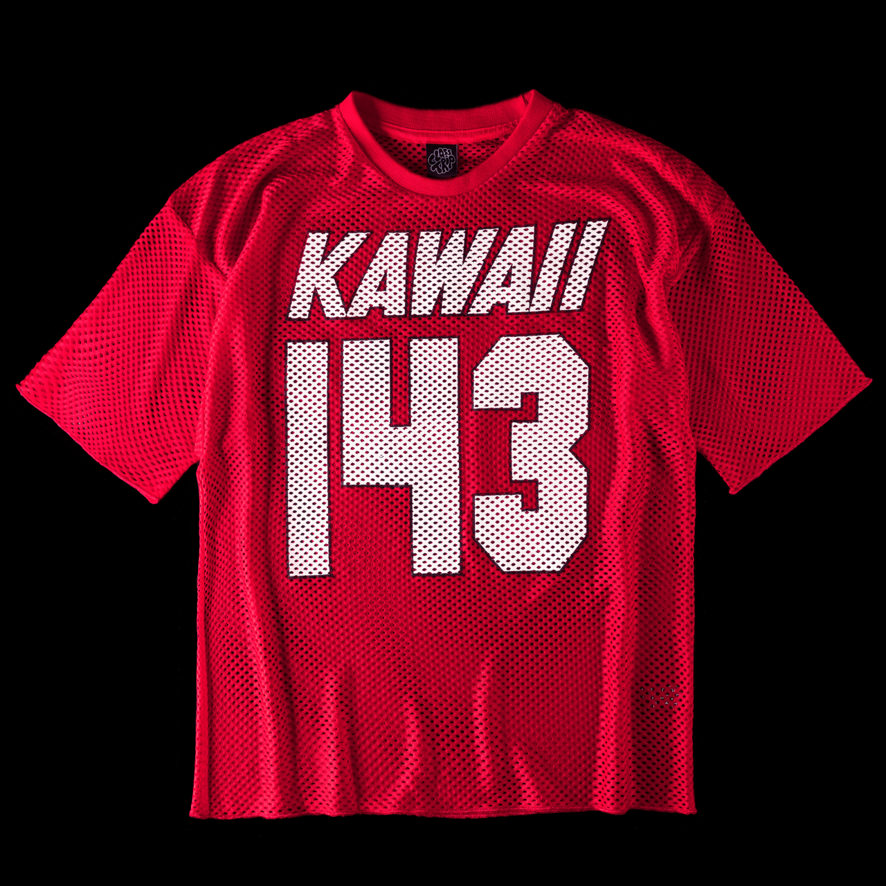 Front view of Class Trip Club Kawaii Jersey in cherry bomb — vintage-inspired oversized football jersey made from breathable open mesh